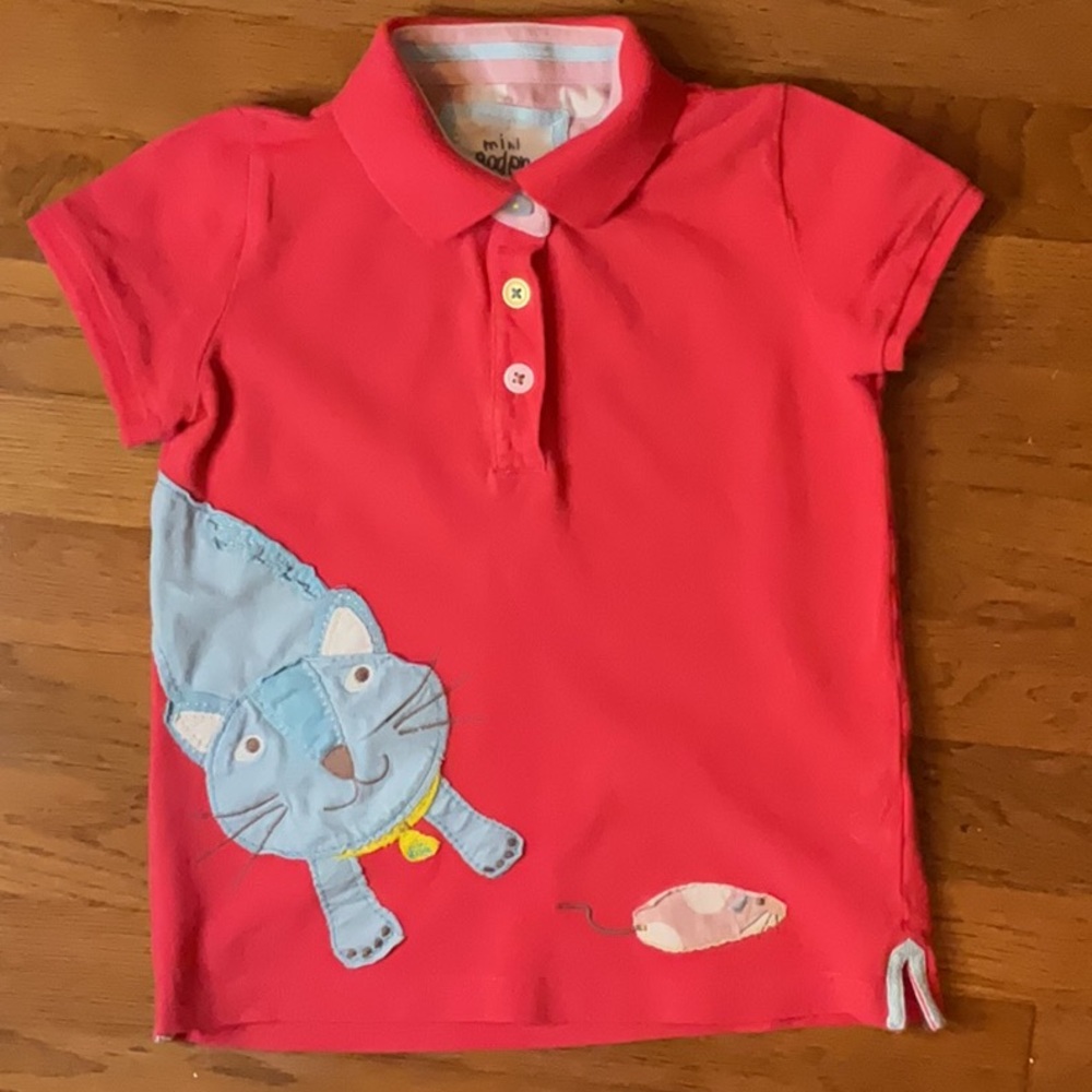 Mini Boden Salmon Polo with Blue Cat and Pink Mouse Design